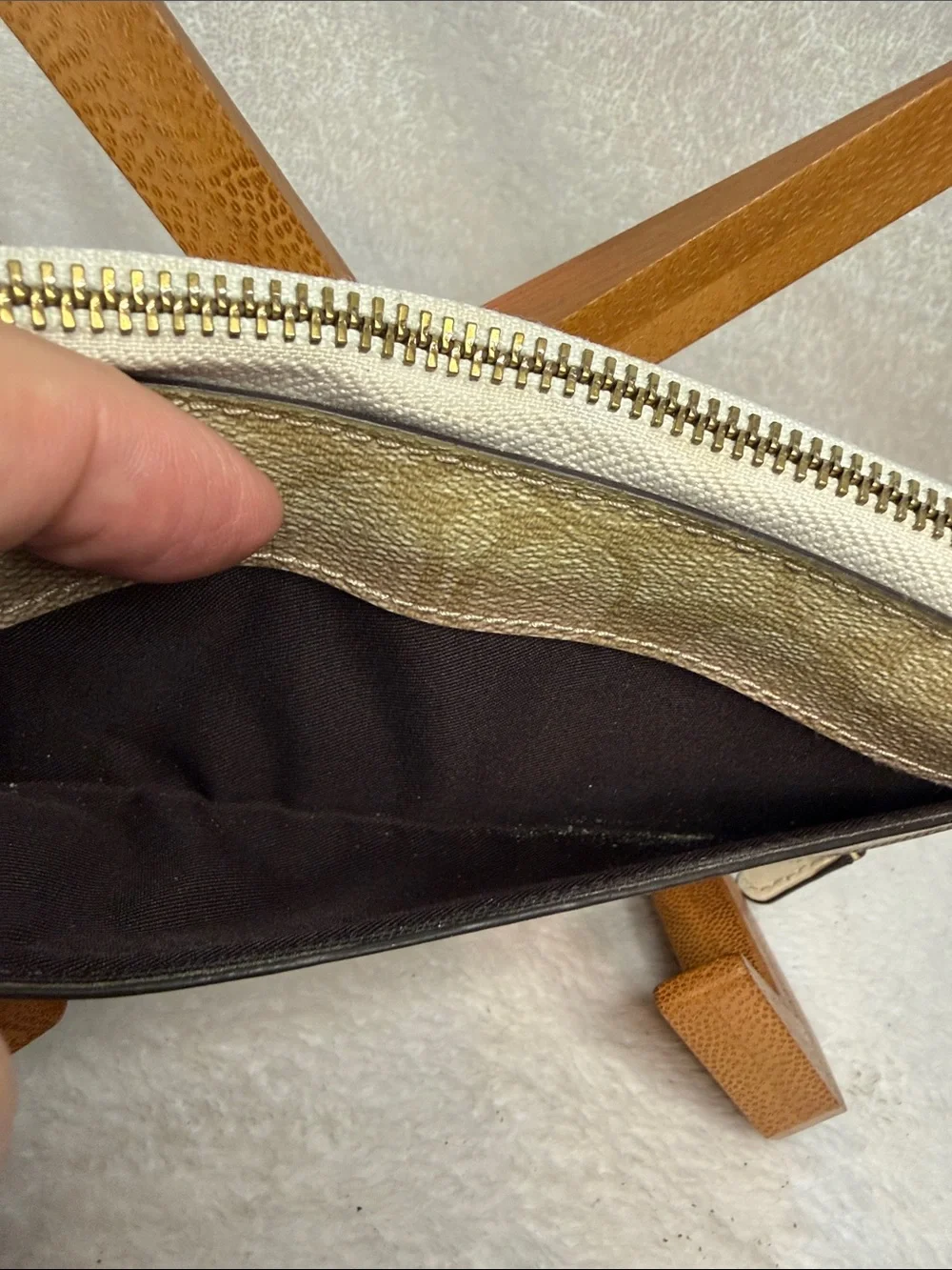 Coach Tan Signature Zip Wallet with Logo Plaque